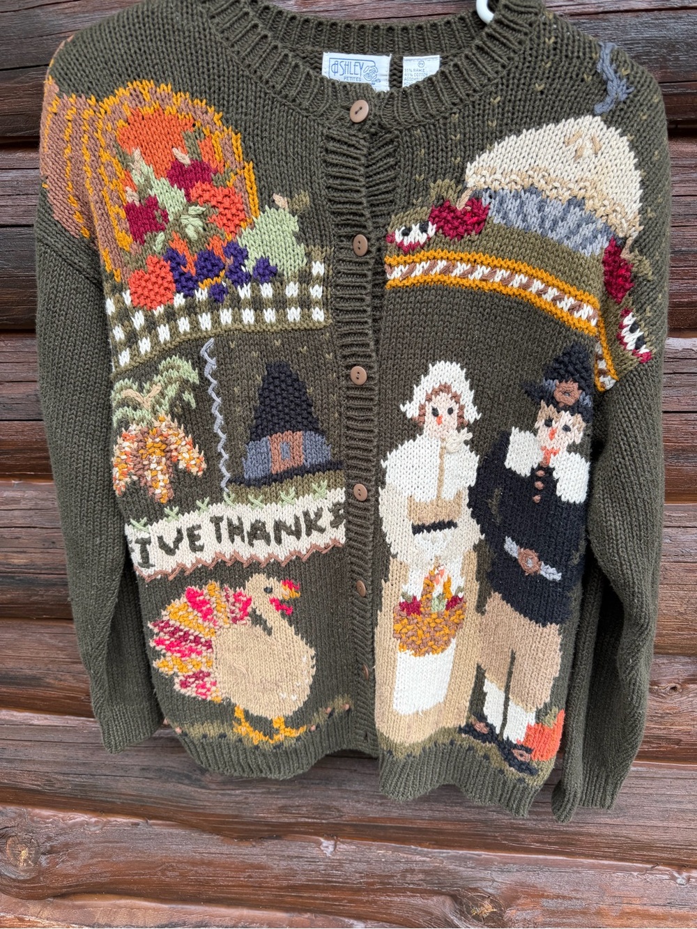 VTG Ashley Petites Thanksgiving Cardigan Sweater Womens PM Fall Turkey Pilgrim